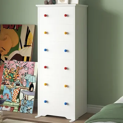Small Dresser Tall, 6 Drawer Tall Skinny Dresser with Colorful Handles, Chest of Drawers for Bedroom, 51.5" H Modern Wooden
