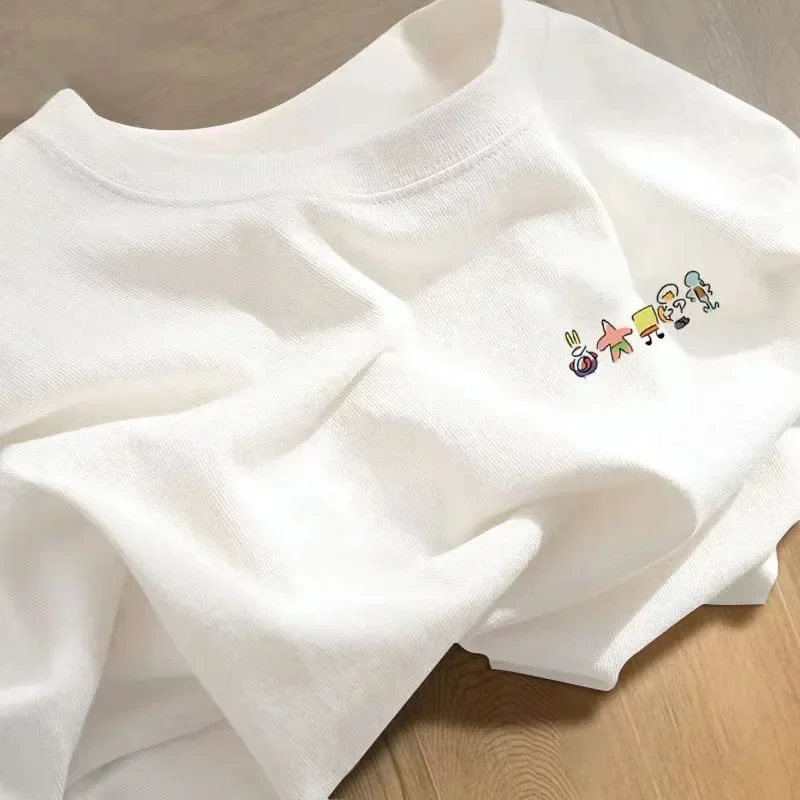 Round Neck Loose-fit T-shirt For WOMEN Pure Trendy Brand Sports Apparel White Top Casual Couple Clothing Short Sleeves