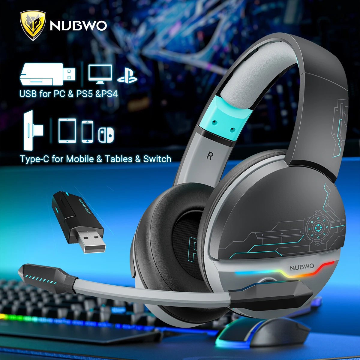 NUBWO G08 Drahtlose Headsets Gamer mit Dual-Mikrofon für PS5, PS4, PC, Mobile, Switch, 2,4 GHz Bluetooth-Funkkopfhörer Image