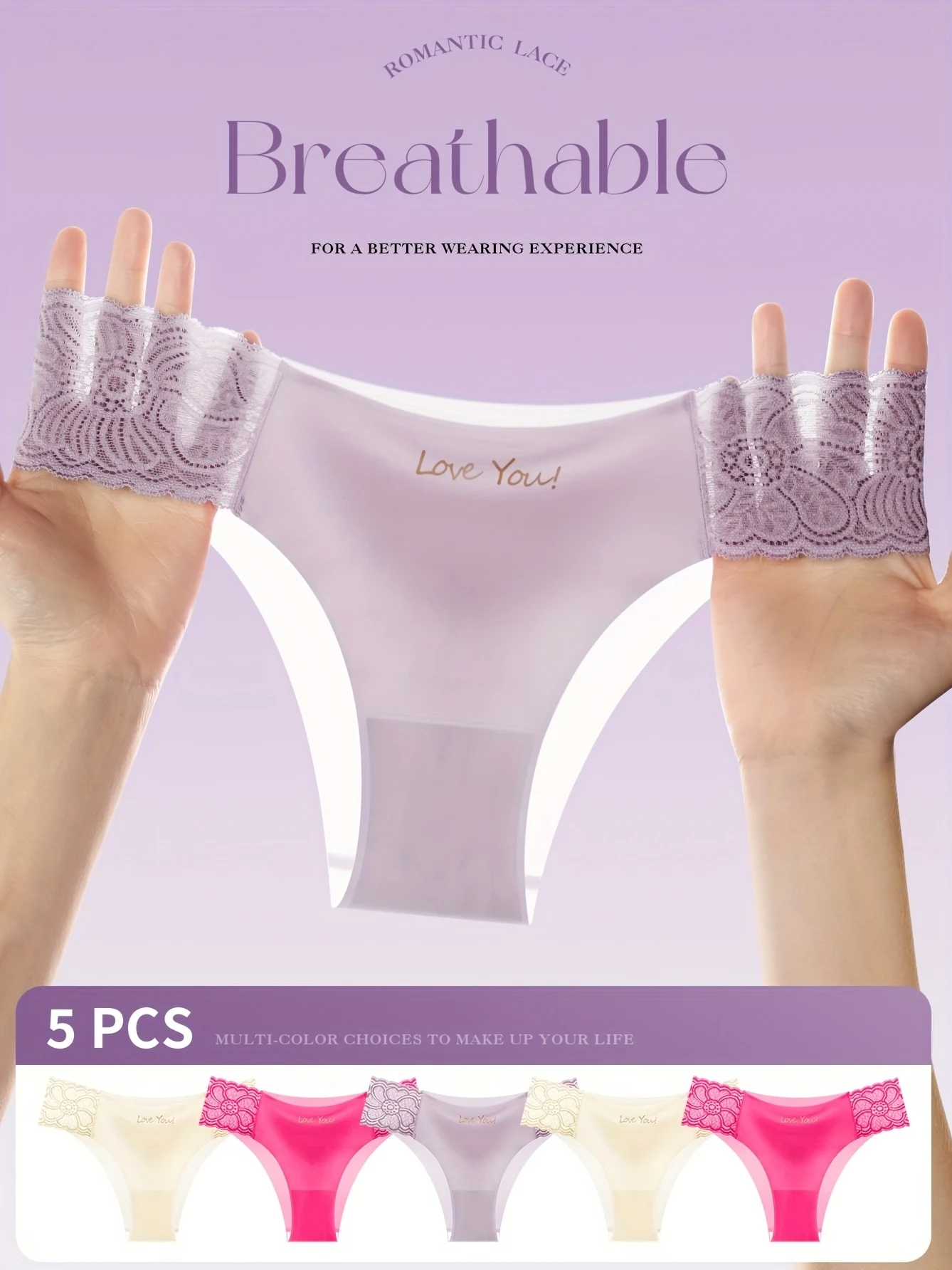 5-teilige Damenhöschen mit niedrigem Bund – atmungsaktive Unterwäsche mit Spitzenbesatz, weicher, dehnbarer Stoff, einfarbige Farboptionen (Beige, Rosa, Hell Image