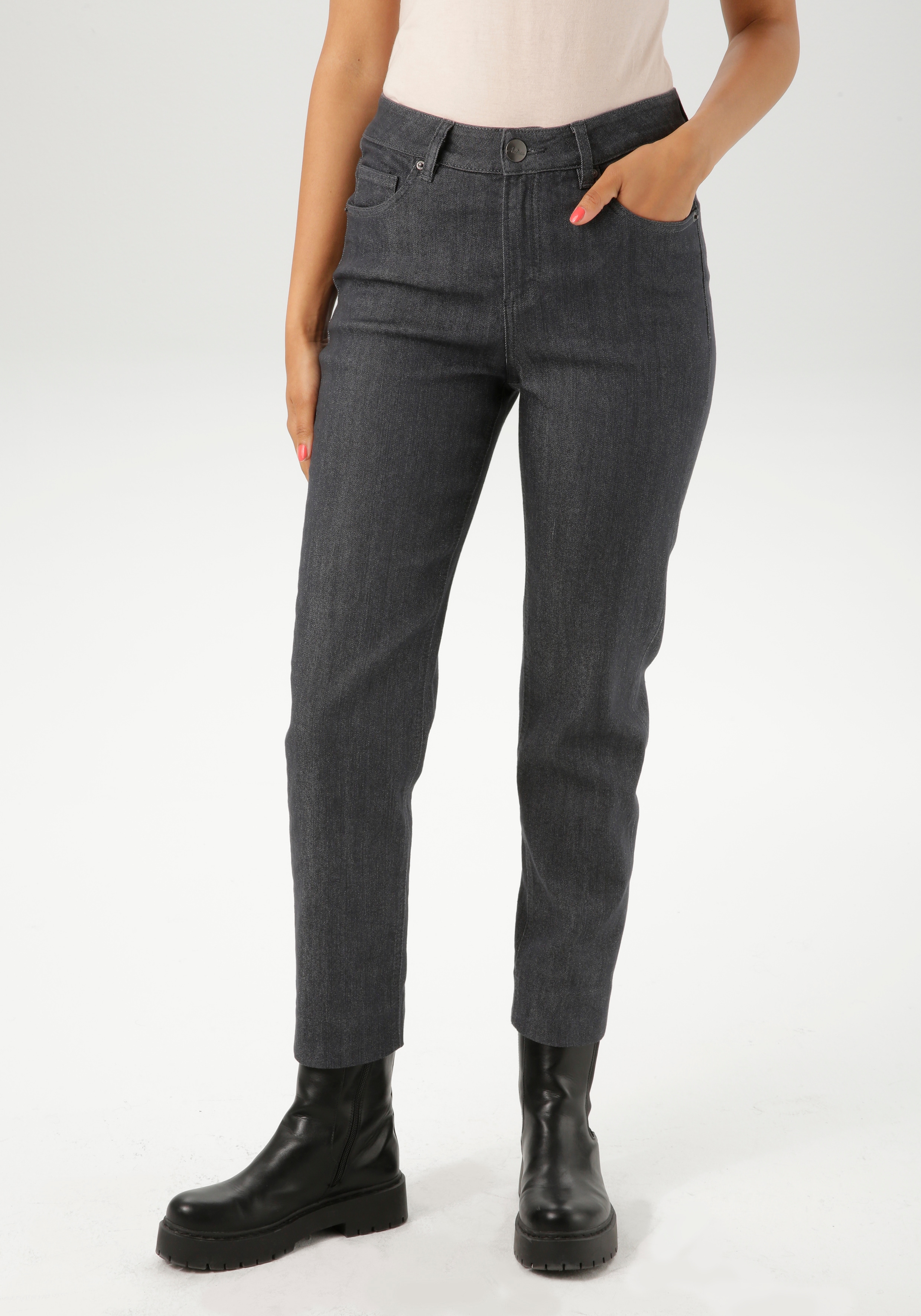 Straight-Jeans ANISTON SELECTED, Damen, Gr. 44, N-Gr, grau (anthra, meliert), Jeans, Obermaterial: 81% Baumwolle, 17% Polyester, 2% Elasthan, unifarben, Basic, Basic 7/8-Länge, Jeans Straight-Jeans, in Straight-Form und mit moderner Waschung