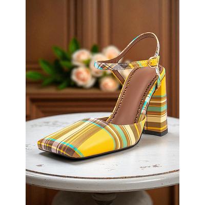 Women's Purple Plaid Block Heel Pumps –1970s Retro Square Toe High Heels with Ankle Strap for Daily Wear, Office Vintage Outfits