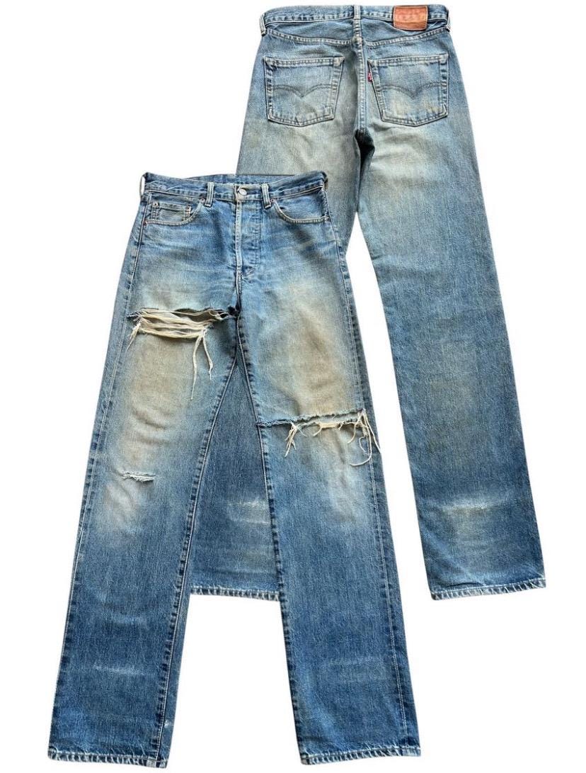 Jeans vintage Levi's 503B Big E Selvedge, anni '90, jeans Levi's Mudwash Distressed Selvedge, jeans Levi's Japan Ripped, jeans larghi in denim 30x34