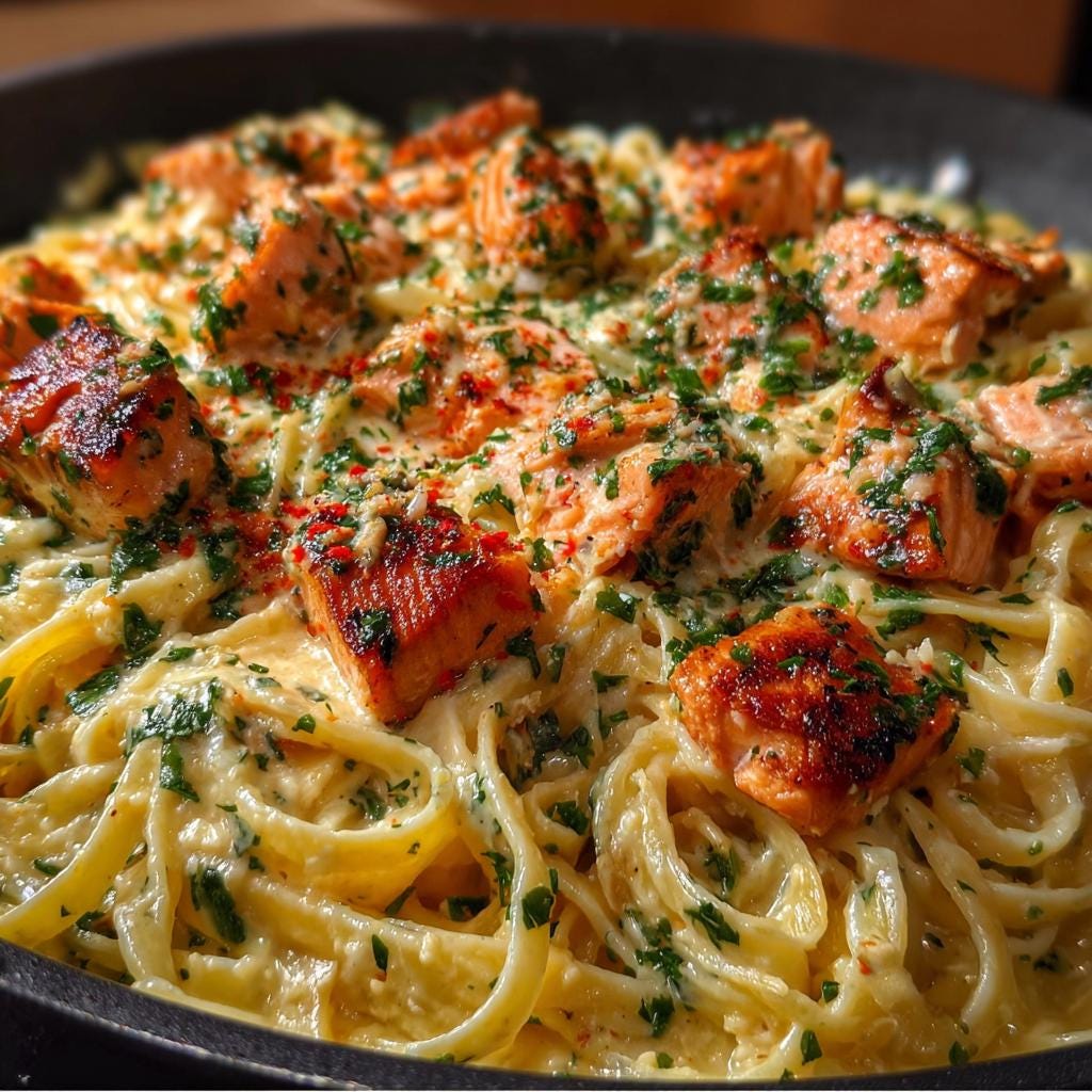 Ricetta di pasta con gamberi, salmone, burro e aglio - Cena cremosa a base di pesce (PDF digitale)