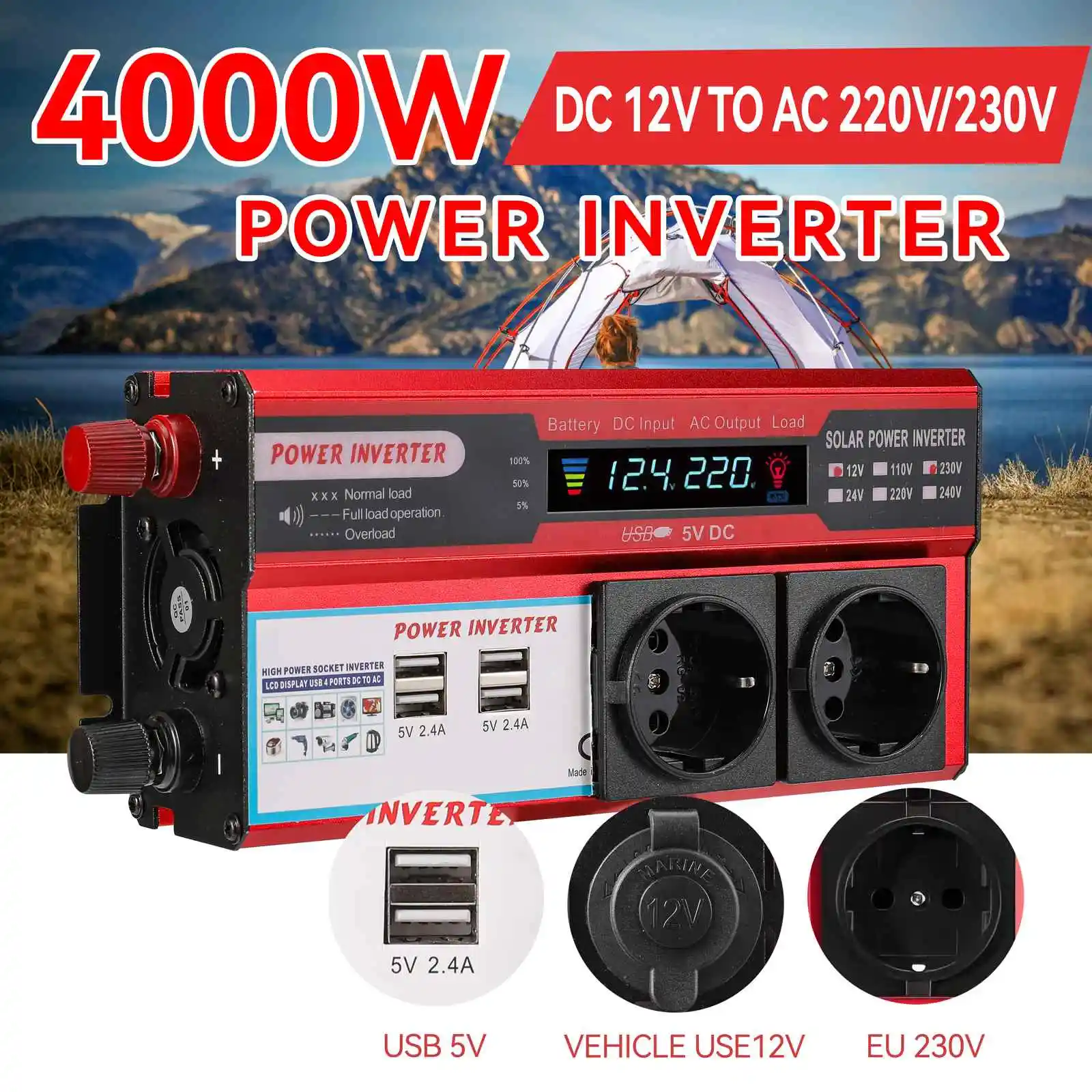 4000 W Wechselrichter DC 12 V auf AC 220 V 230 V Transformator mit 4 USB-EU-Buchsen zum Aufladen mit LED-Anzeige Image