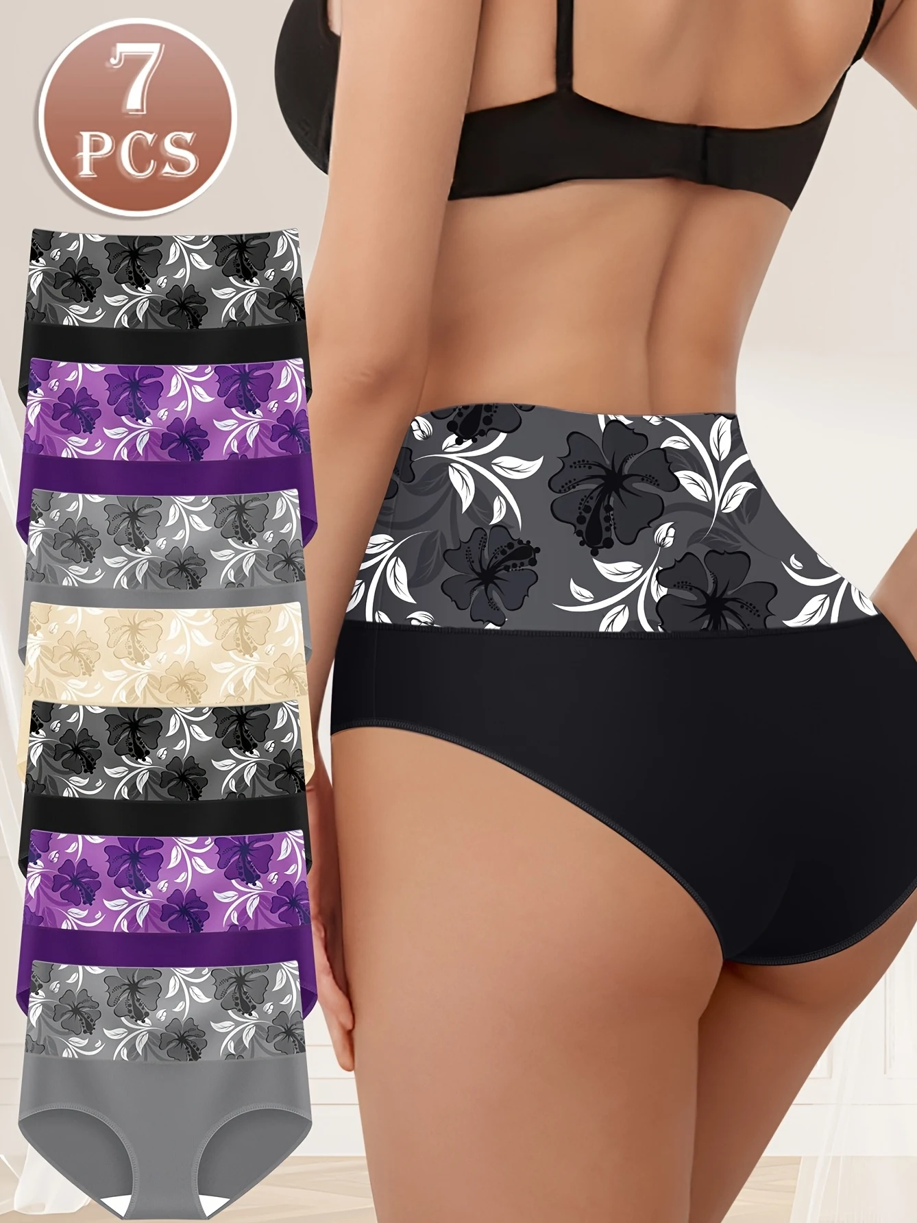 7er-Pack atmungsaktive Damenunterwäsche mit hoher Taille – Bauchkontrolle, Blumendruckhöschen, weiche, bequeme Dreiecks-Slips Image
