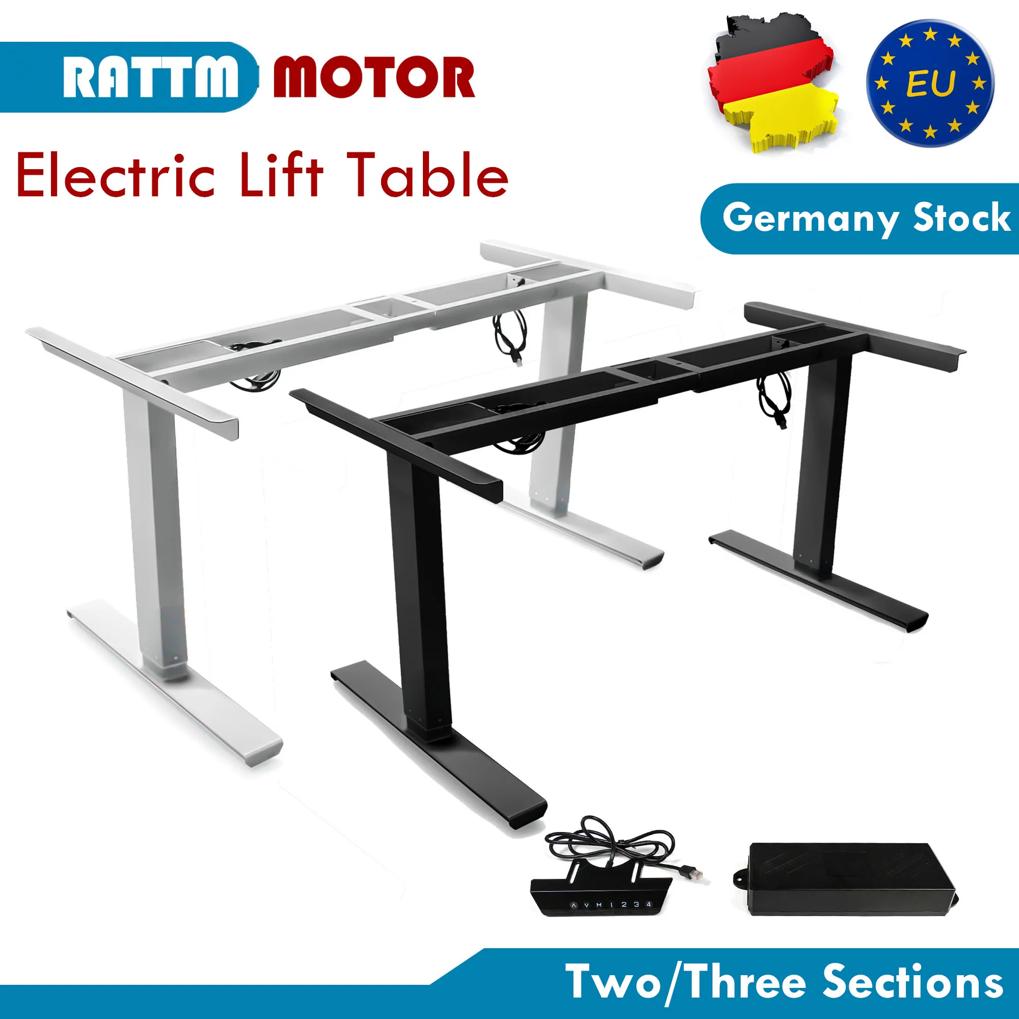 Weißer/schwarzer elektrischer Stehpult mit zwei Fuß und zwei Motoren, höhenverstellbarer Hebeschreibtisch für Computer, Arbeitszimmer, Büro, Spiel Image