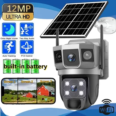 WiFi IP Kamera Solar Kamera HD 12MP 6K Outdoor Triple Screen CCTV Wasserdichte Nachtsicht Zwei-Wege Motion Tracking V380 PRO