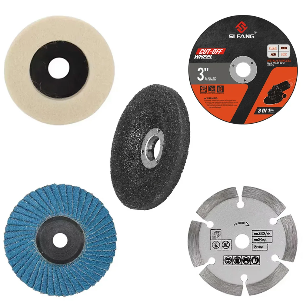 5 Stück/75 mm flache Fächerscheibe, Wollpolierscheibe, 3 Zoll Harz-Metall-Trennscheibe, Steinsägeblatt, Winkelschleifer-Schleifscheiben-Set Image