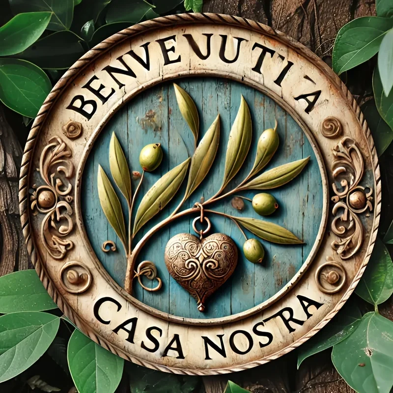 Italienisches Vintage-Wandkunstschild „Benvenuti Casa Nostra“, Aluminium, 20,3 x 20,3 cm, Willkommen in unserer Inneneinrichtung – einzigartiges Design, einfach aufzuhängen Image