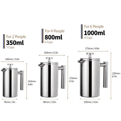 Edelstahl French Press Kanne • 1000ml • Doppelwandig isoliert • 304 Edelstahl • Kaffeefilter • Image