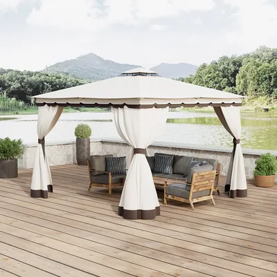 【Breeins】10 x 10FT Tiered Roof Metal Frame Patio Gazebo with Curtains
