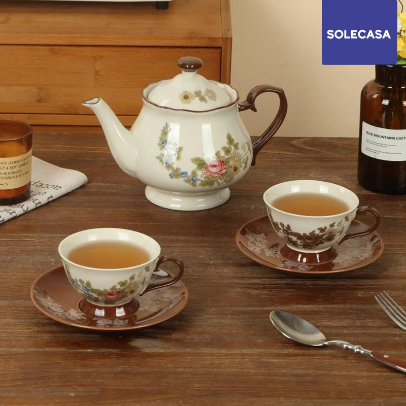 SOLECASA Keramik-Teeset, europäischer Retro-Stil, Teekanne mit Rosenmuster, Teetasse und Untertassen, Porzellan, Kaffeetasse, Wasserkocher, Nachmittagstee Image