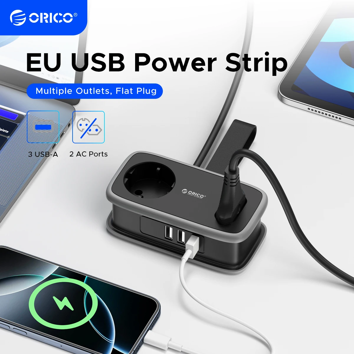 ORICO APP 5-in-1-Reise-Smart-Steckdose, EU-Stecker, Steckdose mit 3 A3U-Anschluss mit 1,1-m-Verlängerungskabel für Zuhause/Reisen, platzsparend Image