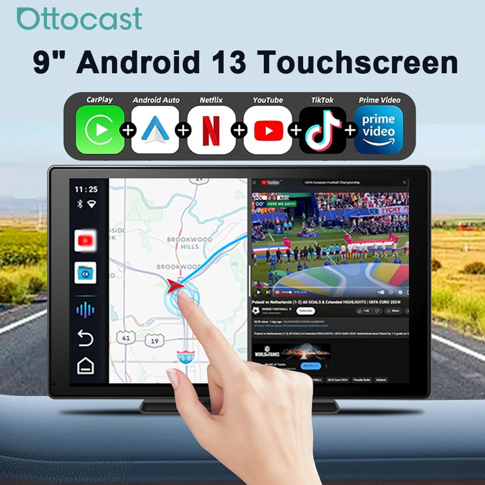 OTTOCAST CarPlay-Bildschirm 9,0 Zoll 4K Auto-Touchscreen Drahtloses Carplay Android Auto Radio DVR GPS Video Eingebautes Youtube Netflix Image