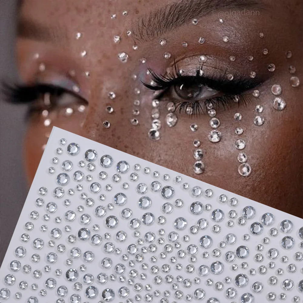1 Blatt 3D-Augen- und Gesichts-Strass-Tattoo-Aufkleber, transparent, gemischt, rund, Diamant-Juwelen, Dekoration für Musik, Festival, Körper-Make-up-Tattoos Image