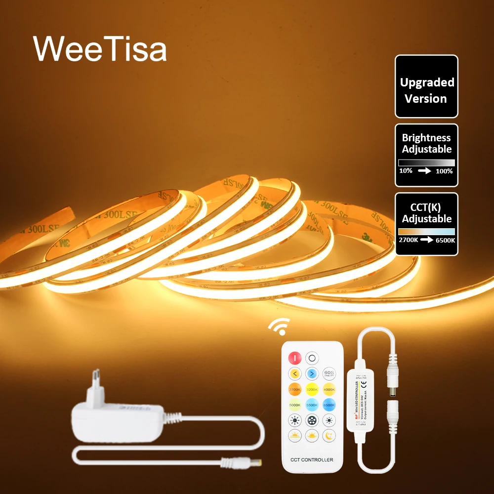 1M 2M 3M 4M 5M CCT COB LED Strip Light 24V Nastro flessibile WW CW 2700-6500K Illuminazione lineare dimmerabile con telecomando Set UE