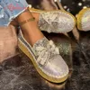 Aphixta Gold 4 cm Plattform Faulenzer Kristalle Bowknot Pailletten Flache Mit Schuhe Frühling Sommer Frau Mode Schuhe Plus Größe 43