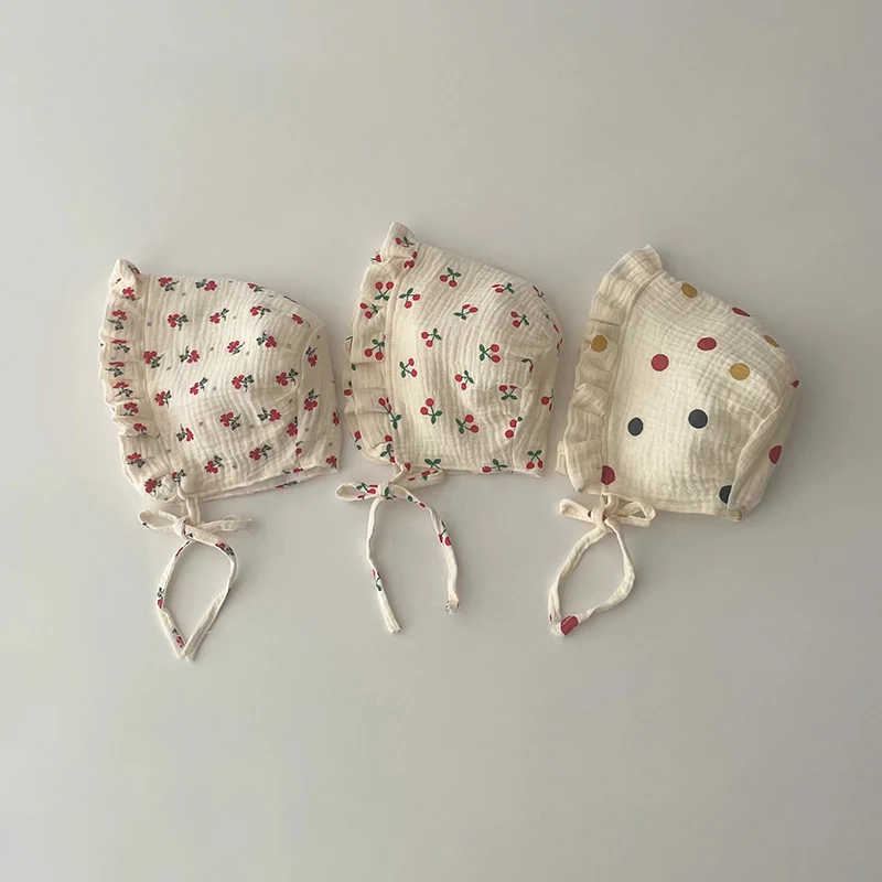 Koreanische Druck Baby Sonnenhut Nette Blume Kirsche Infant Mädchen Prinzessin Kappe Frühling Herbst Baumwolle Neugeborenen Ohr Schutz Kappen Motorhaube Image