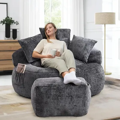 Oversized Bean Bag Chair for Adults Teens, Modern Round Giant Bean Bag Sofa with Memory Foam & Cozy Pillows, Comfy Big Lazy Sofa