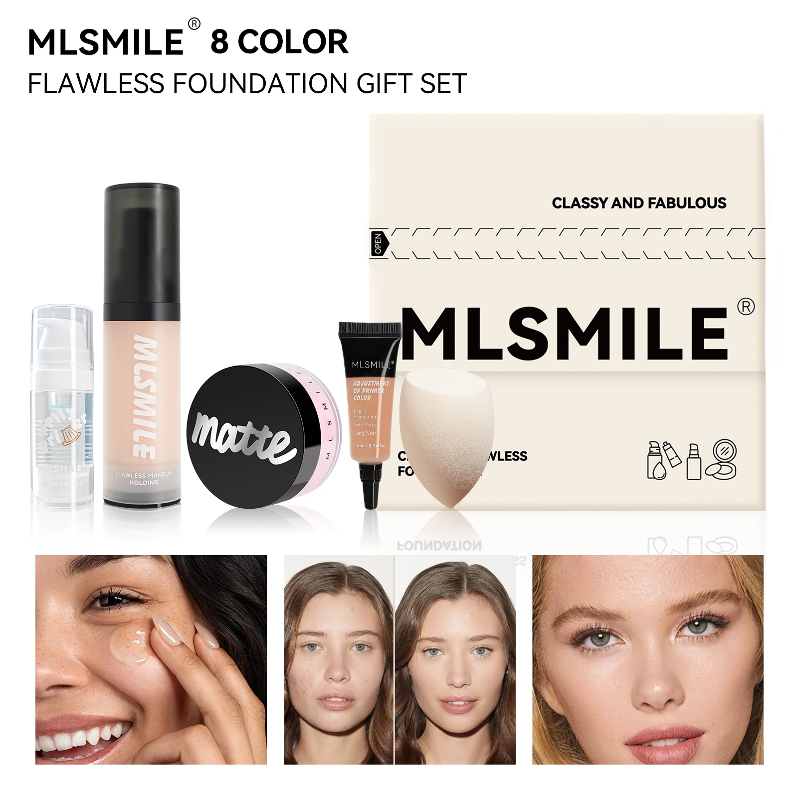 MLSMILE 5-Gesichts-Set Matte Loose Powder Foundation Primer wird mit einem Muster der Make-up-Ei-Foundation geliefert Image