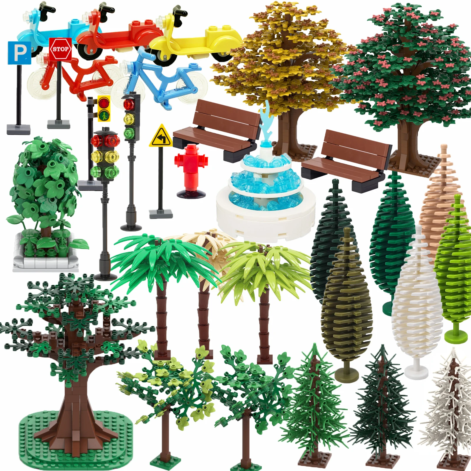 Stadt Ampel Baustein MOC Baum Park Bank Straße Lampe Mülleimer Brunnen Blumenladen Spielzeug Montage Ziegel Image