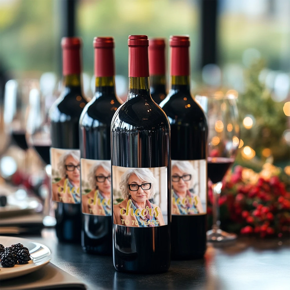 10 Stück personalisierte Weinflaschen-Etiketten, individuelles Gesicht, Foto mit Weinflaschen-Etiketten für jedes Alter, Geburtstagsparty-Tischdekorationen Image