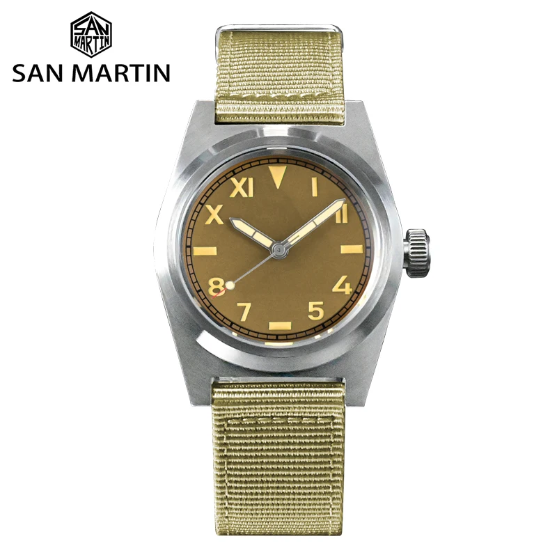 San Martin 38mm Herren Fliegeruhr YN55 Vintage Military Enthusiasts Saphir Automatische mechanische Uhren Nylonband SN0031 Image