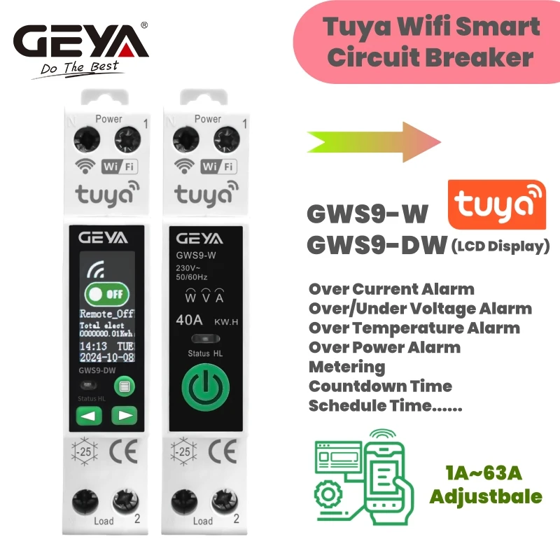 GEYA GWS9 TUYA WIFI Smart Circuit Breaker Mit Metering Smart Home Drahtlose Fernbedienung Schalter 1A ~ 63A Einstellbar 90V ~ 240V Image
