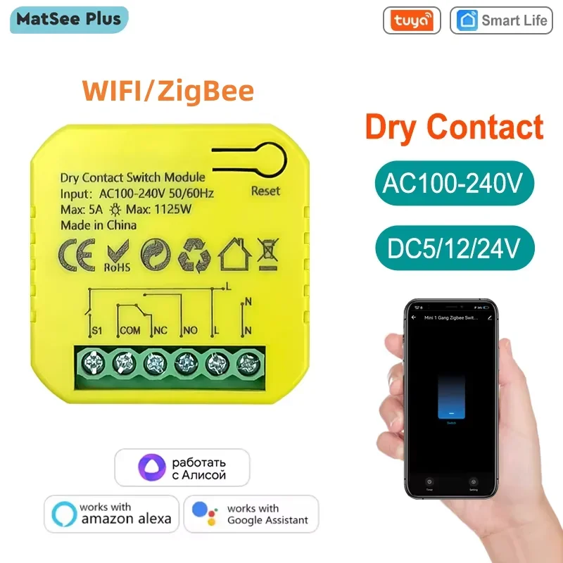 Tuya Smart ZigBee WiFi Trockenkontakt Schalter Relais 5A App Fernbedienung Timing DC12/24V AC100-240V Unterstützt Google Home Alexa Image