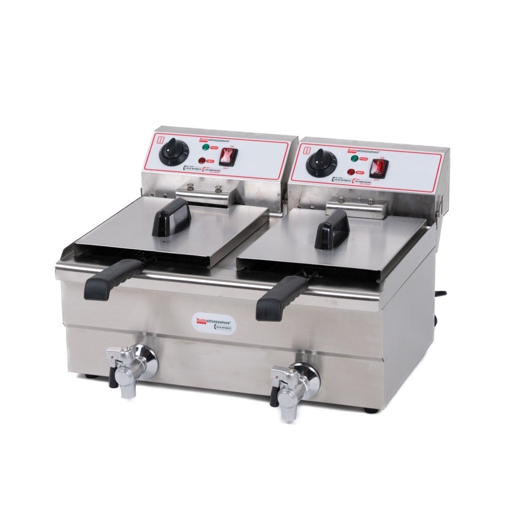 Ristoattrezzature Elektrische Doppelwannenfritteuse, professionell aus Edelstahl – mit Ablasshahn – 10+10 Liter, Ölkapazität 6+6 Liter Image