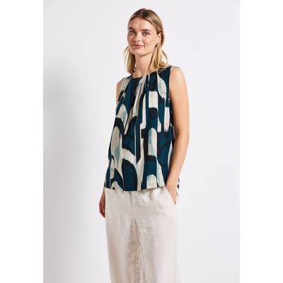 Blusentop STREET ONE, Damen, Gr. 40, blau (tide blau), Web, Obermaterial: 100% Viskose, bedruckt, casual, lässig geschnitten hüftlang, Rundhals, ohne Ärmel, Blusen, mit grafischem Muster und Raffung Image