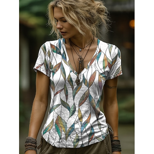 Per donna Maglietta Stampato Floreale Grafico Paisley Bohemien Vintage Elegante Manica Corta Scollo a V Top Regolari Quotidiano Uscire Weekend Blu Bianco Verde chiaro Rosso Viola Estate Primavera