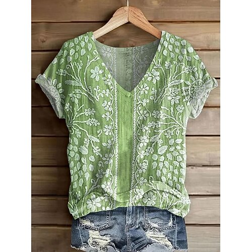 Damen T Shirt Druck Blumen Grafik Pflanzen Vintage Mode Hawaiianisch Kurzarm V Ausschnitt Normale Oberteile Täglich Ausgehen Wochenende Blau Weiß Gelb Rosa Himmelblau Sommer Frühling Image
