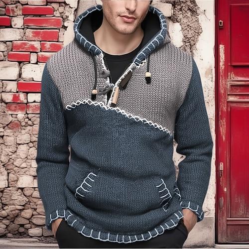 Herren Pullover Gerippt Stricken Normale Oberteile Gestrickt Schmale Passform Farbblock Mit Kapuze Strickware Zeitgenössisch Lässig Alltagskleidung Bekleidung Herbst Gelb Rote M L XL