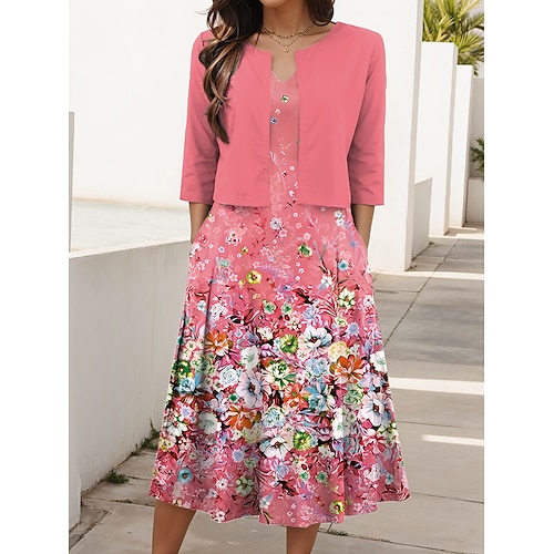 Damen Kleid-Set A Linie Kleid Sommerkleid Lässig Halbformelle Kleider Ombre Blumen Druck Midikleid Halbarm V Ausschnitt Urlaub Date Blau Gelb Rosa Sommer Frühling Normale Passform Image