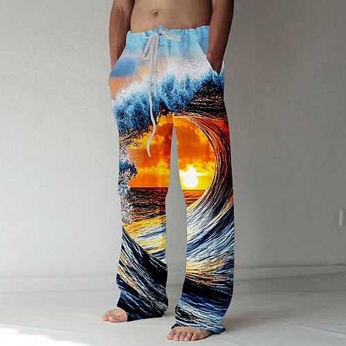 Herren Hose Baggy-Hosen Freizeithose Elastischer Kordelzug in der Taille Leinenähnliche Hose mit Taschen Optische Täuschung Ozean Sonnenuntergang Volle Länge Outdoor Urlaub Hawaiianisch Blau Image