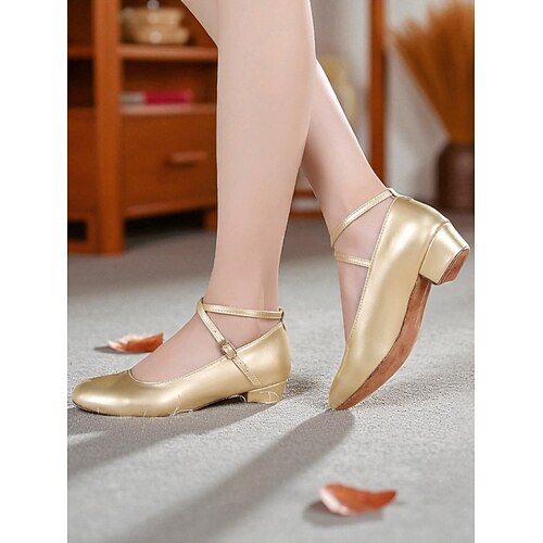 Goldene Charakter-Tanzschuhe für Damen mit niedrigem Absatz – professionelle Ballsaal-Übungsschuhe mit weicher Sohle und gekreuzten Riemen für Latin- und Jazz-Auftritte Image
