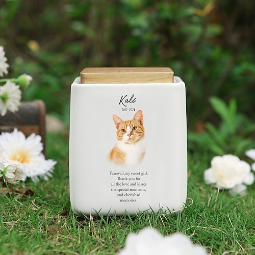 Urna funeraria personalizzata per animali domestici, regalo commemorativo personalizzato con nome, anno, testo, foto, scatola per ceneri in ceramica per cane e gatto, ricordo commemorativo