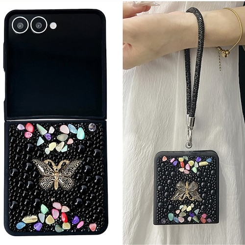 Handy Hülle Handyhüllen Für Samsung Galaxy Z Flip 7 Z Flip 6 Z Flip 5 Z Flip 4 Rückseite mit Trageriemen Bling Glitzer glänzend Stoßfest Schmetterling Retro PC Image