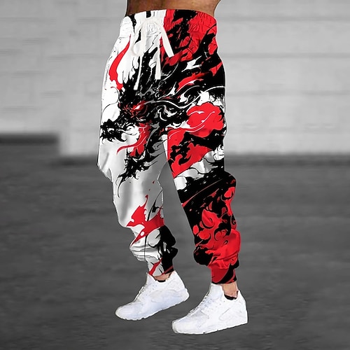 Herren Tiermotiv Drache Dunkel Jogginghose Hose Mittlere Taille Kordelzug Elastischer Bund Lässig Joggen Streetwear Trainieren Sportliche Jogginghose mit Taschen Frühling Herbst 3D-Druck Weiß Image