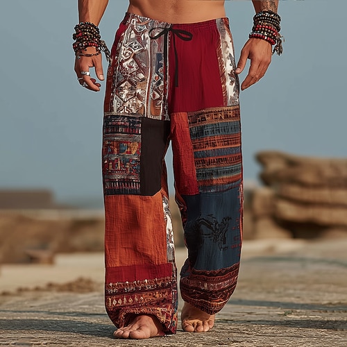 Herren Farbblock Patchwork Hose Freizeithose Baggy-Hosen Mittlere Taille Vintage-Retro Outdoor Urlaub Elastischer Kordelzug in der Taille Leinenähnliche Hose mit Taschen Sommer Frühling 3D-Druck Wein Image