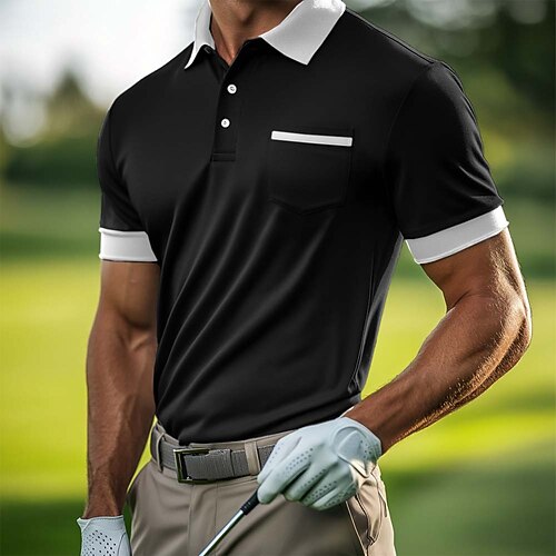 Herren Golfshirt Piqué-Poloshirt Arbeit Lässig Revers Gerippter Polokragen Kurzarm Basic Modern Farbblock Tasche Sommer Frühling Normale Passform Grau Schwarz Weiß Dunkel Blau Hellblau Burgunderrot Image