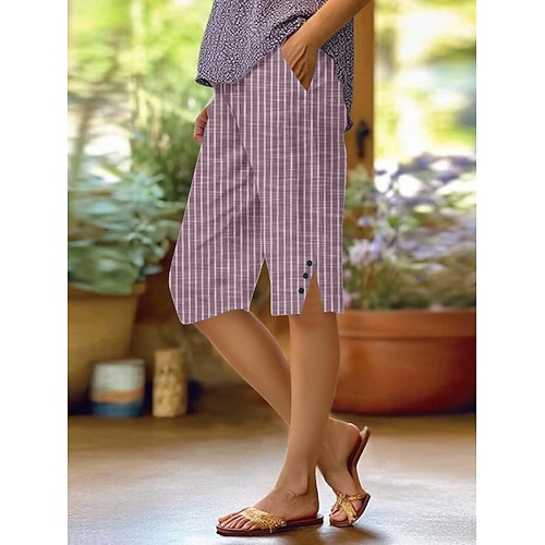 Damen Kunstbaumwollleinen Chinos Schnitt Streetwear Lässig Knielang Hohe Taille Einfach Tasche Drucken Atmungsaktivität Weich Mikroelastisch Urlaub Straße Alltagskleidung Wein Weiß Gelb Rote Herbst Image