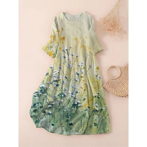 Damen Midikleid T-Shirt-Kleid A Linie Kleid Sommerkleid Urlaub Lässig Strand Date Sommerkleid Normale Passform Blumen Grafik Kurzarm Rundhalsausschnitt Hellgrün Rosa Rote Leicht Braun Sommer Frühling Image