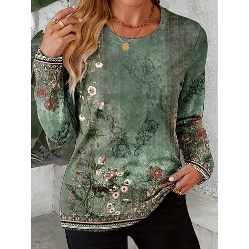 Damen T-Shirt Langarm Rundhals Langarm Tunika Ombre Floral Grafik Vintage Stilvoll Klassisch Rundhals Reguläre Oberteile Täglicher Druck Salbeigrün Herbst Vorherbst Image