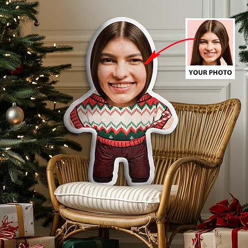 Weihnachtskundenspezifisches Gesichtskissen personalisiertes Fotominime-Wurfkissen humanoider Polster lustiger Gag-Weihnachtsgeschenk für ihn und sie Mini-Me-Puppenspielzeug Image