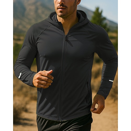 Herren Laufjacke Outdoorjacke Kapuzenjacke Kordelzug Tasche Langarm Oberteil Athleisure Sommer Einfarbig Winddicht Schnelltrocknend Feuchtigkeitsableitend Atmungsaktiv Angeln Wandern Laufen Image