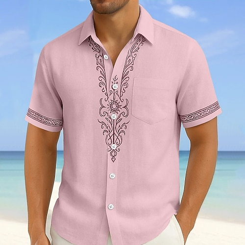Herren Blumendruck Ethnisch Blumen Hemd Sommerhemd Knopfhemd Kurzarm Vintage-Retro Urlaub Ferien Streetwear Sommer Umlegekragen 3D-Druck Eine Tasche vorne Leinenähnliches Hemd Rosa Blau Grün Khaki Image