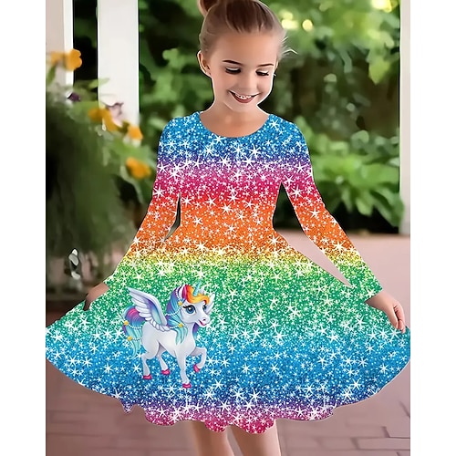 Mädchen' 3D Einhorn Kleid Langarm Sommer Frühling Urlaub Täglich Ferien Prinzessin Schön Süß Kinder 4-12 Jahre Freizeitkleid A Linie Kleid Knielang Normale Passform Image